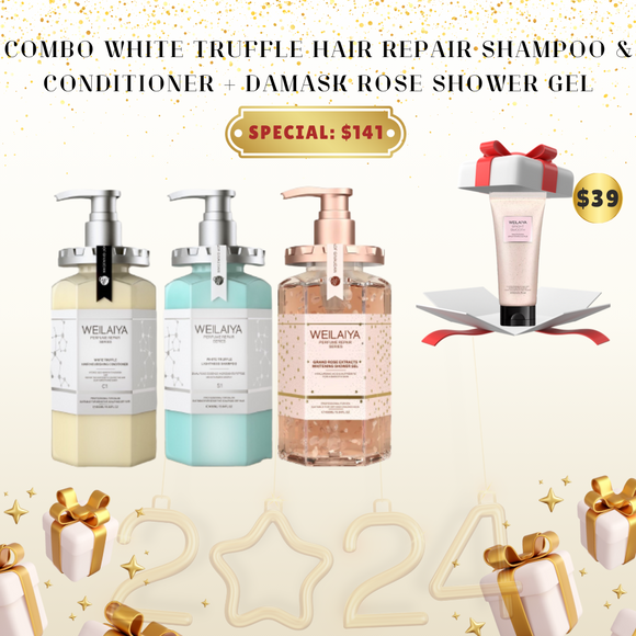 Combo Weilaiya White Truffle Hair Repair Shampoo & Conditioner and Damask Rose Shower Gel AND SPECIAL GIFT $39